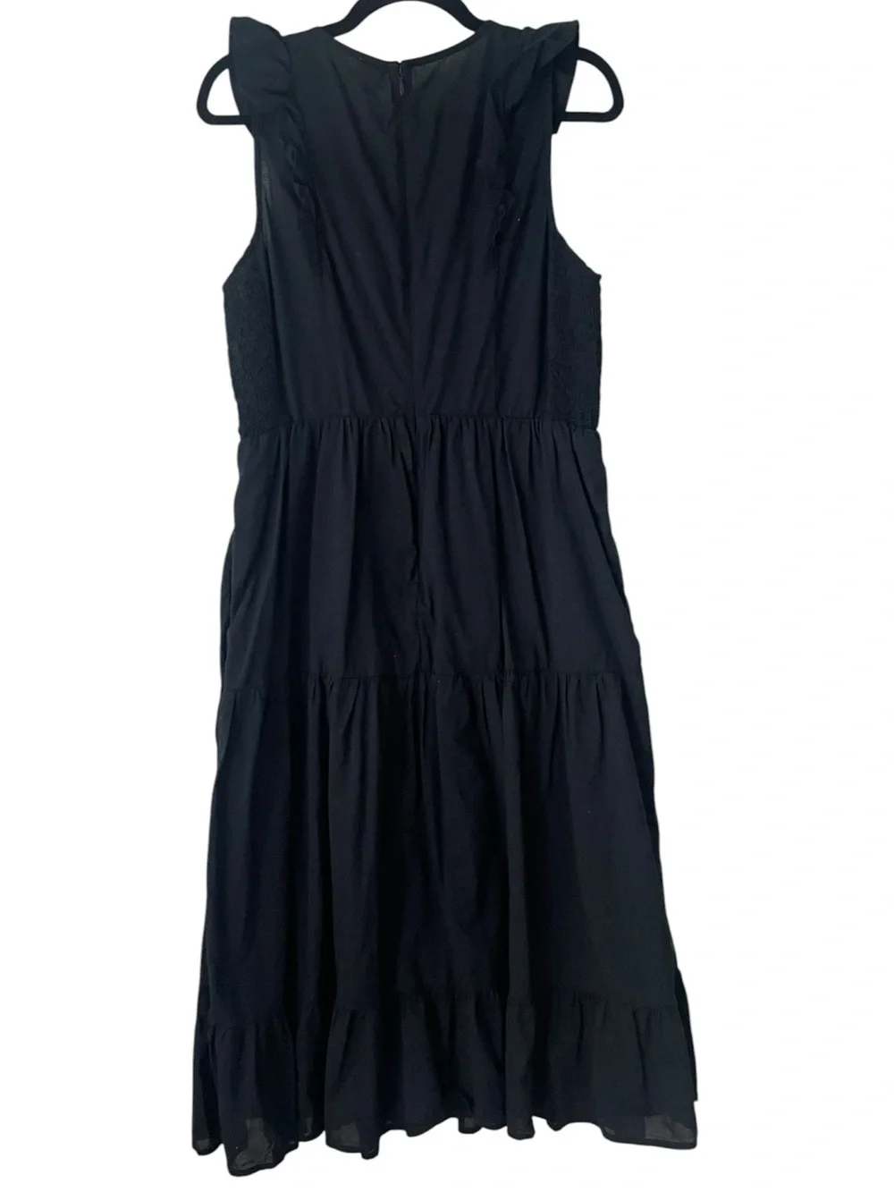 J.Crew Black 100% Cotton Ruffle Tiered Midi Dress Sleeveless Pockets Sz 12 Boho